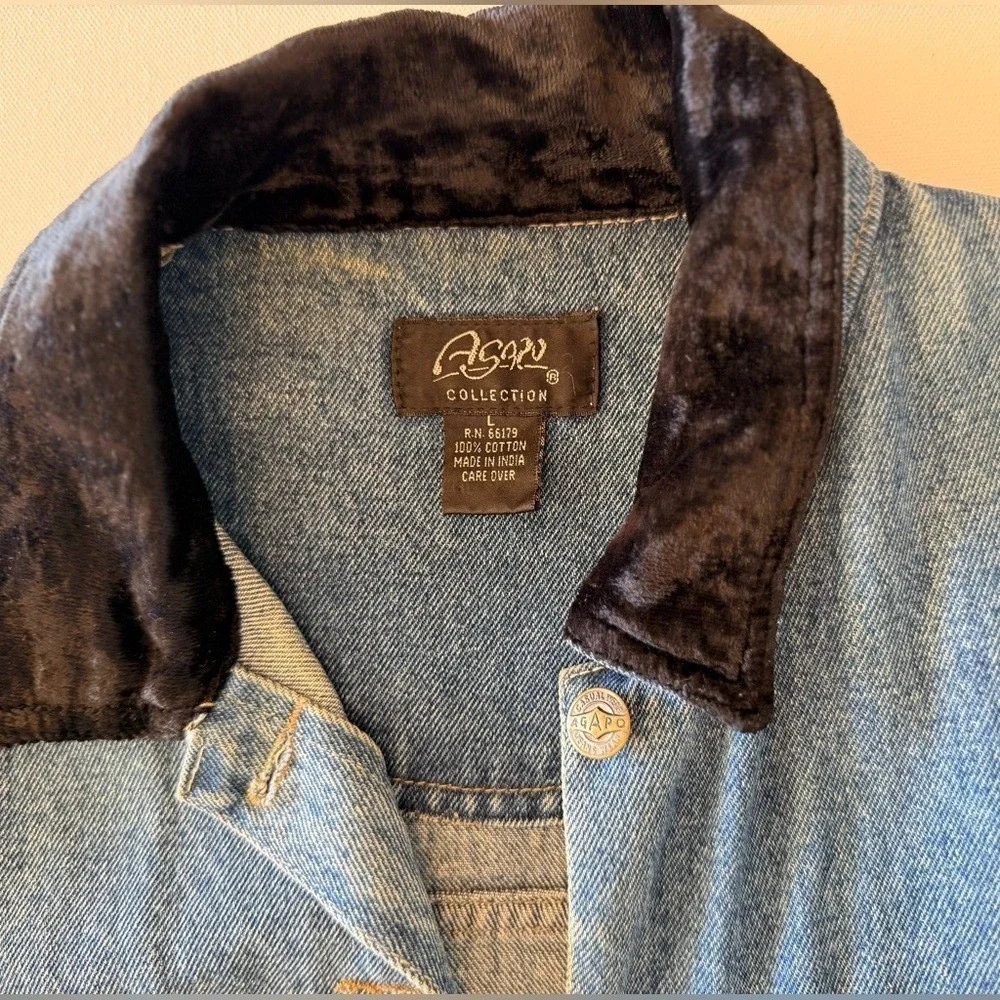 Vintage‎ 90s Western Denim Jacket Women's L Gold Ribbon Velvet Trim